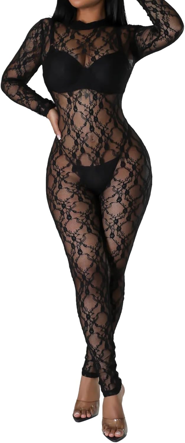 Clubwear Sexy Jumpsuit for Women Bodycon Long Sleeve See through Long Skinny Pants for Evening Party